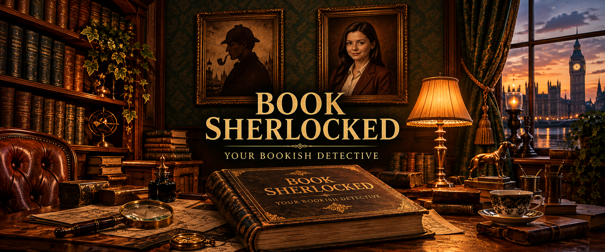 BookSherlocked Victorian library with books, detective details and London view